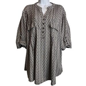 Cocomo Women's Black‎ White Modern Geometric Print Popover Blouse Size 3X Flowy